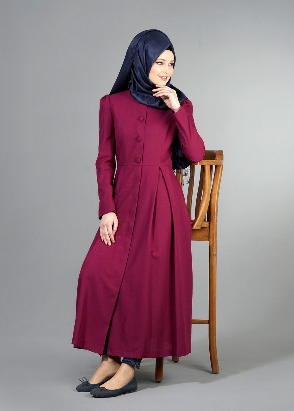 Vêtements hijab FUCHSIA T 2063 Tuay Pileli Sıfır Yaka Trench