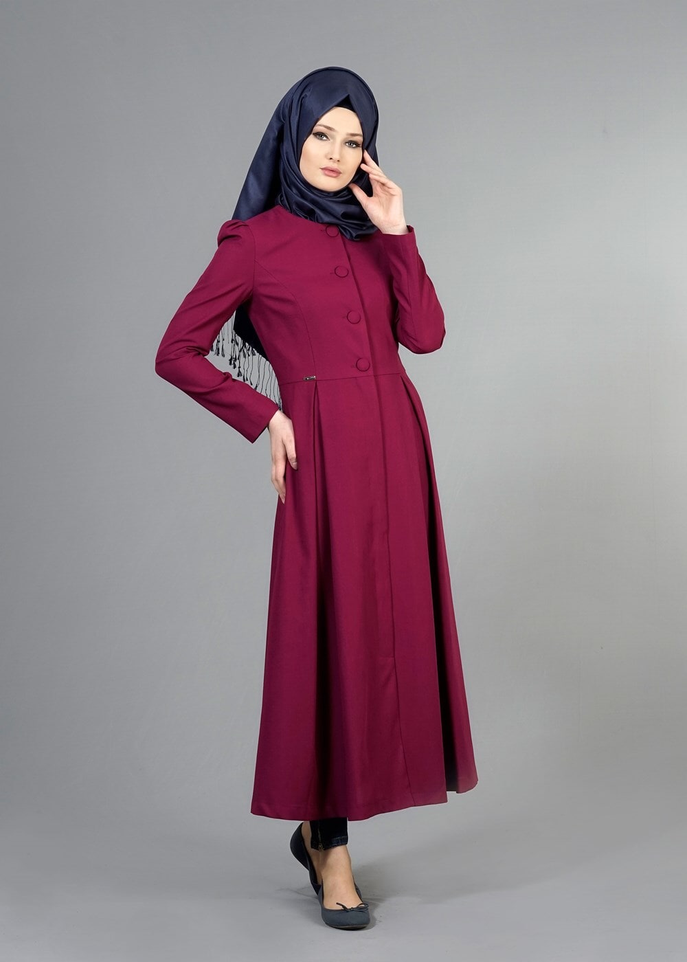 Vêtements hijab FUCHSIA T 2063 Tuay Pileli Sıfır Yaka Trench