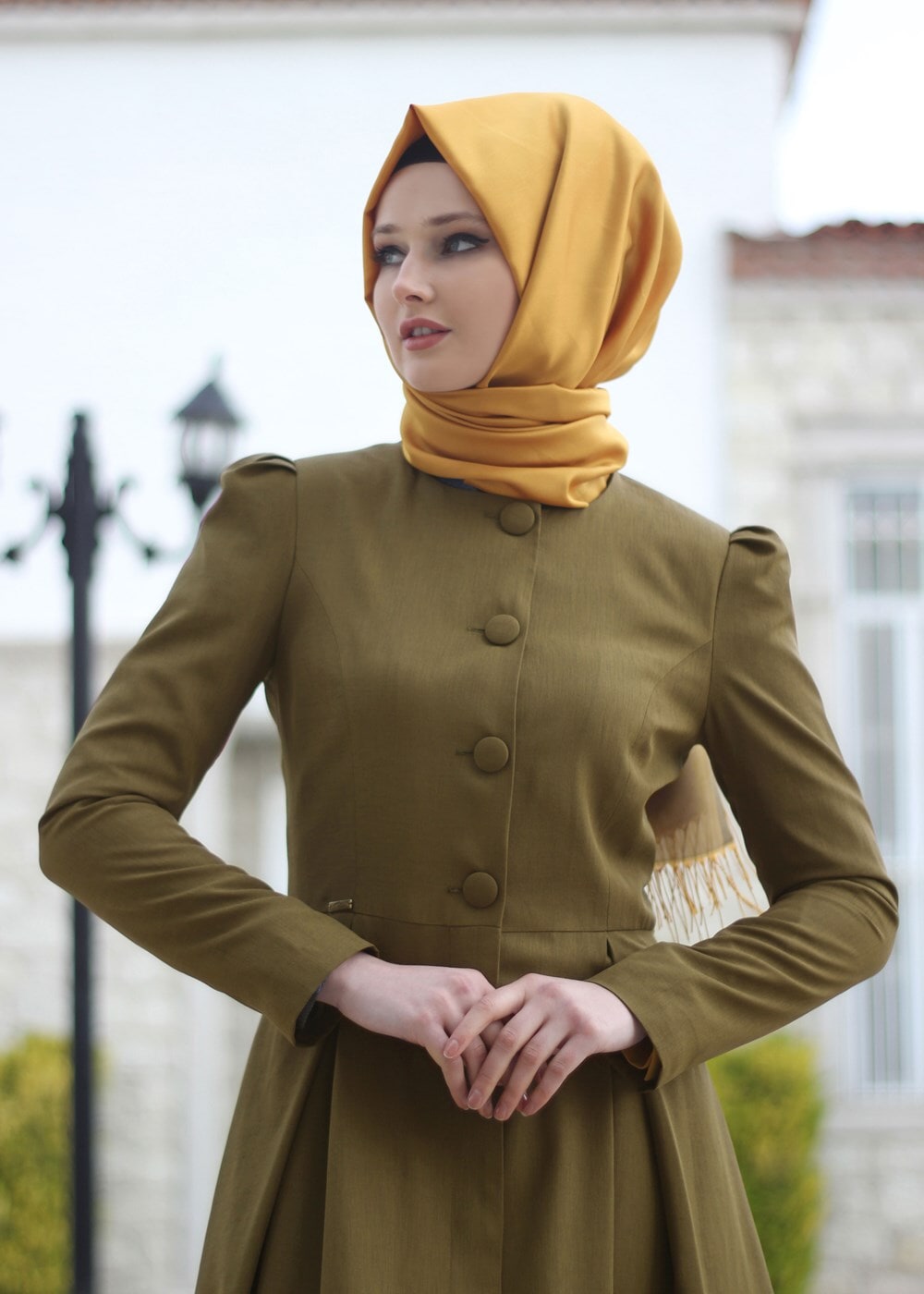 Tesettür giyim HAKİ T 2063 Tuay Pileli Sıfır Yaka Trench