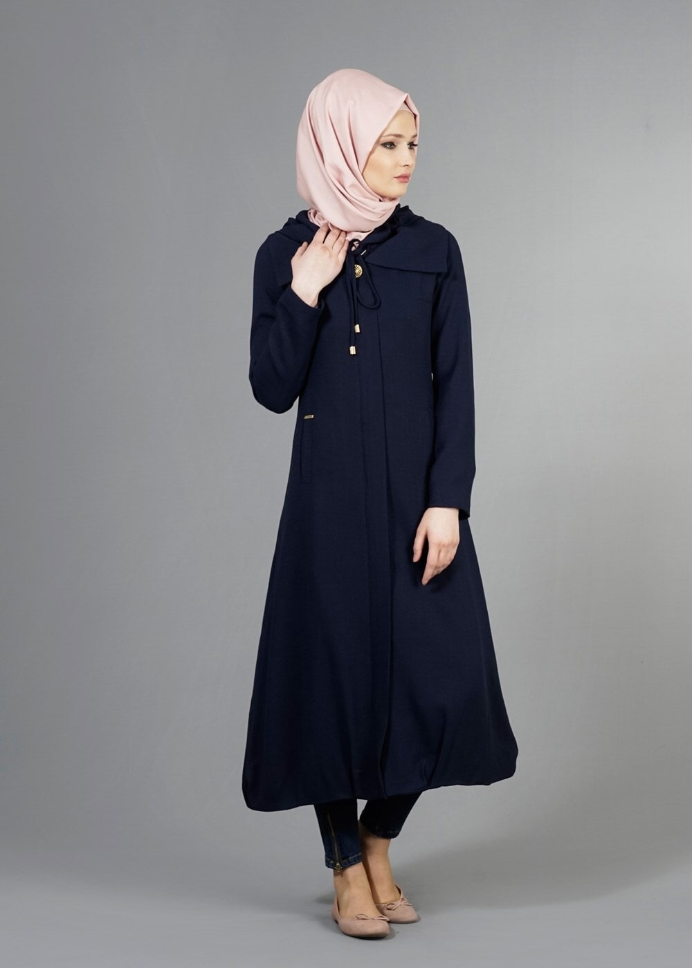 Tesettür giyim LACİVERT T 2076 Tuay Şal Yaka Kapşonlu Trench