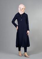 Tesettür giyim LACİVERT T 2076 Tuay Şal Yaka Kapşonlu Trench