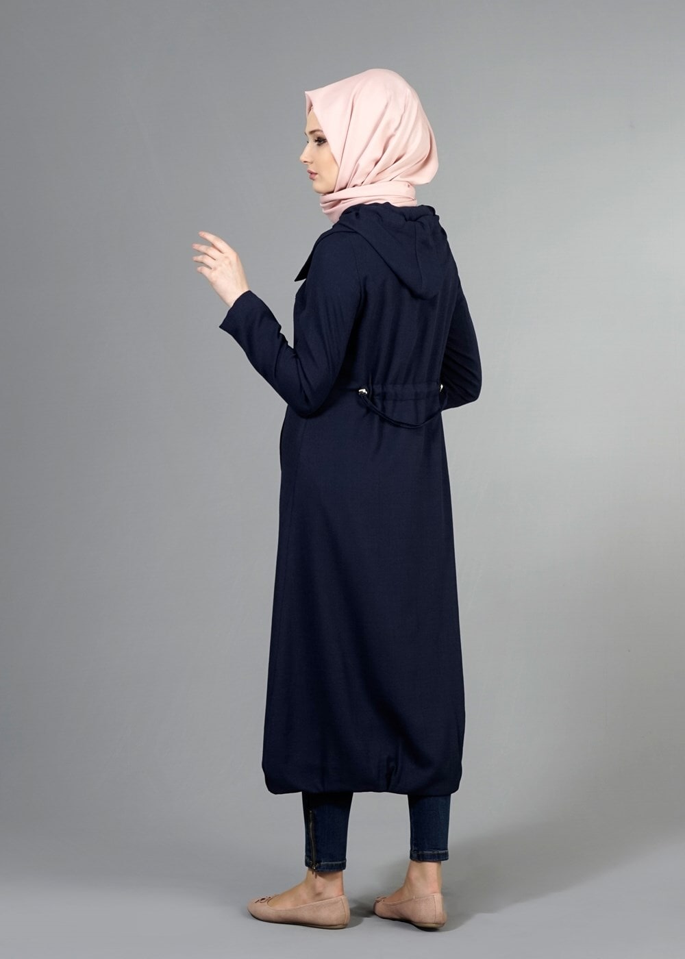 Tesettür giyim LACİVERT T 2076 Tuay Şal Yaka Kapşonlu Trench