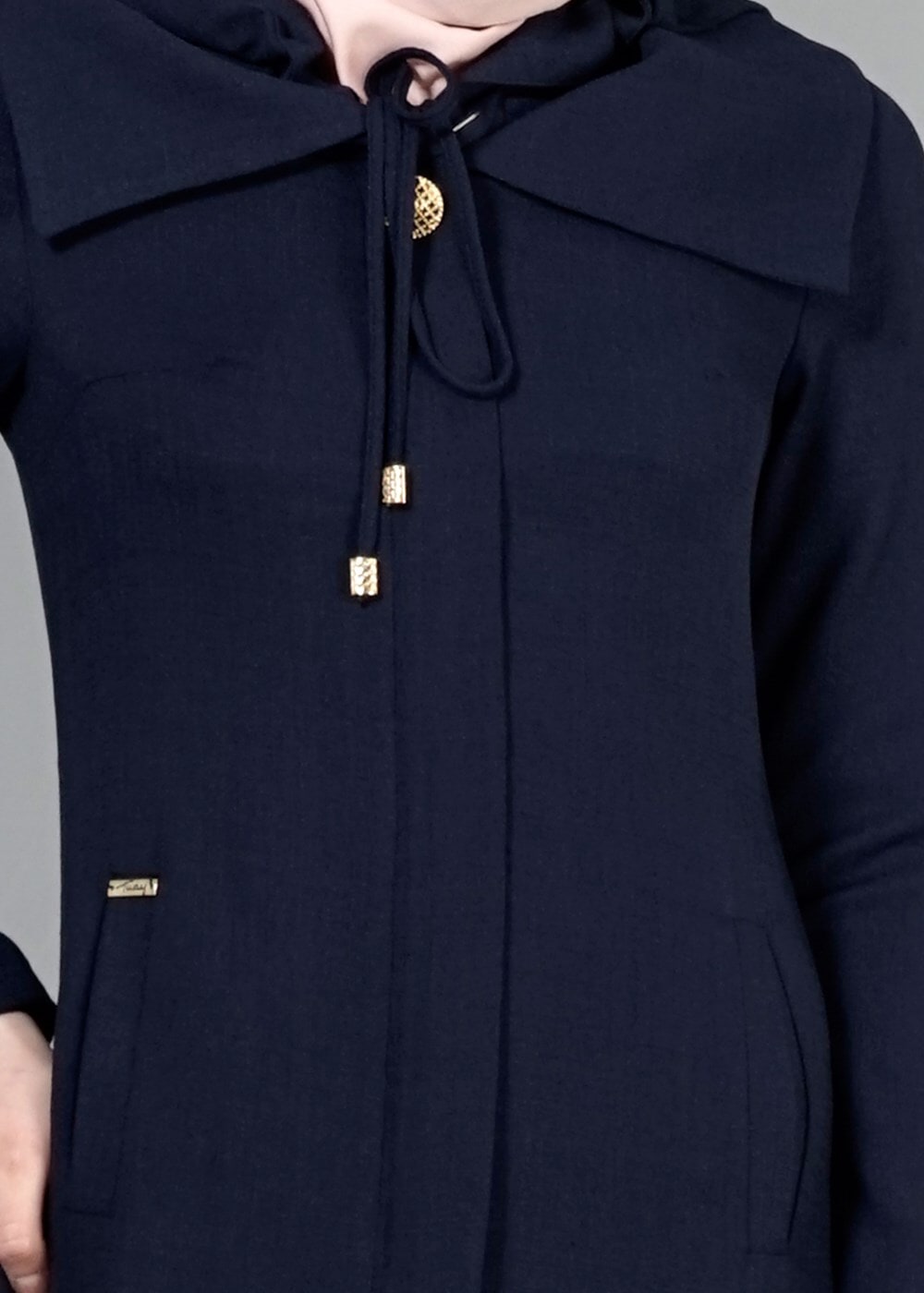 Tesettür giyim LACİVERT T 2076 Tuay Şal Yaka Kapşonlu Trench