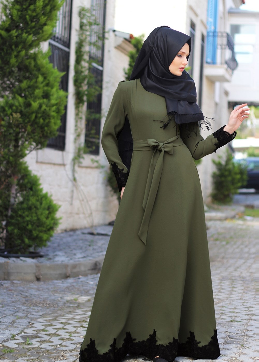 Vêtements hijab KAKI T 2079 Tuay Küpür Detaylı Kuşaklı Abiye