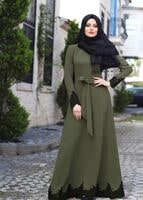 Vêtements hijab KAKI T 2079 Tuay Küpür Detaylı Kuşaklı Abiye