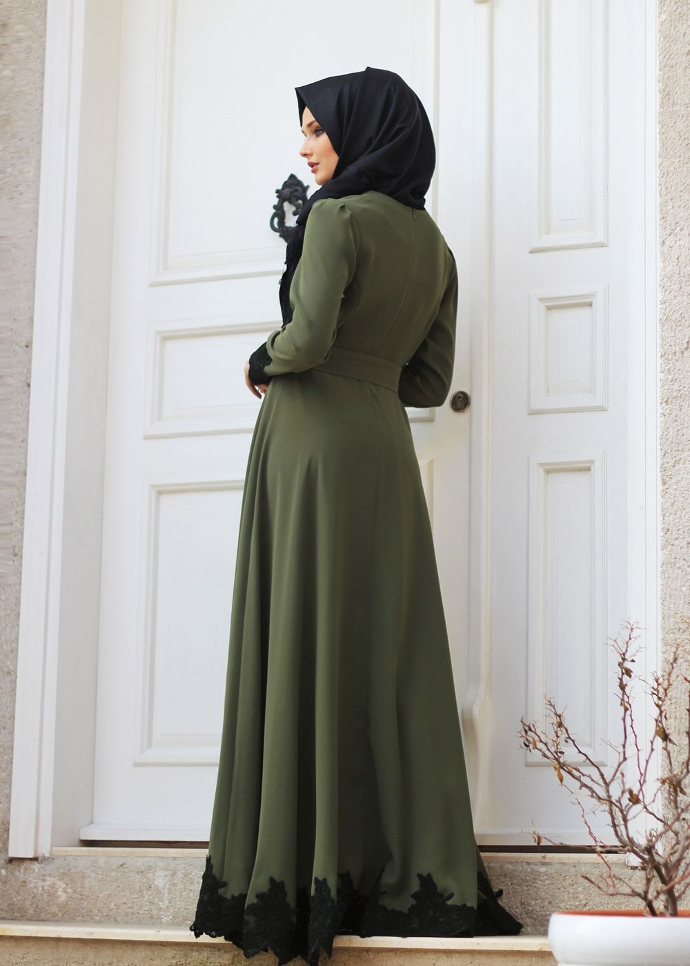 Vêtements hijab KAKI T 2079 Tuay Küpür Detaylı Kuşaklı Abiye