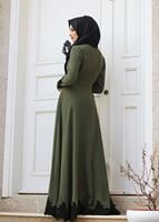 Vêtements hijab KAKI T 2079 Tuay Küpür Detaylı Kuşaklı Abiye