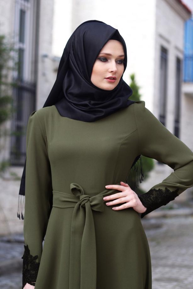 Vêtements hijab  T 2079 Tuay Küpür Detaylı Kuşaklı Abiye - TRENDTESETTÜR