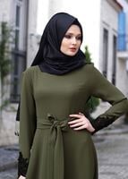 Vêtements hijab KAKI T 2079 Tuay Küpür Detaylı Kuşaklı Abiye