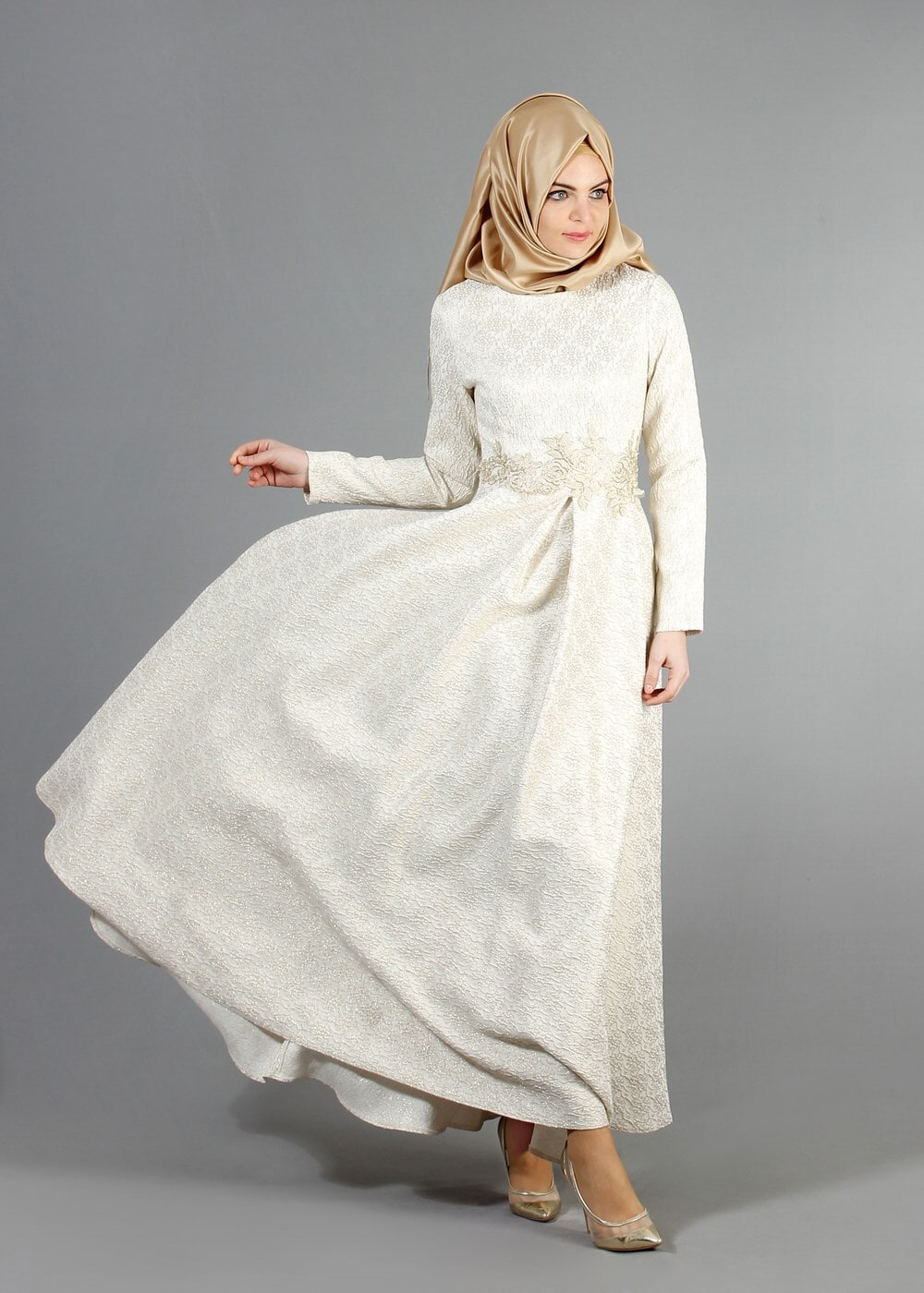 Tesettür giyim KREM GÜPÜR DETAYLI ABİYE ELBİSE 2080 