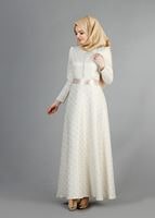 Tesettür giyim BEJ DÜĞMELİ BELİ KUŞAKLI ABİYE ELBİSE 2141 