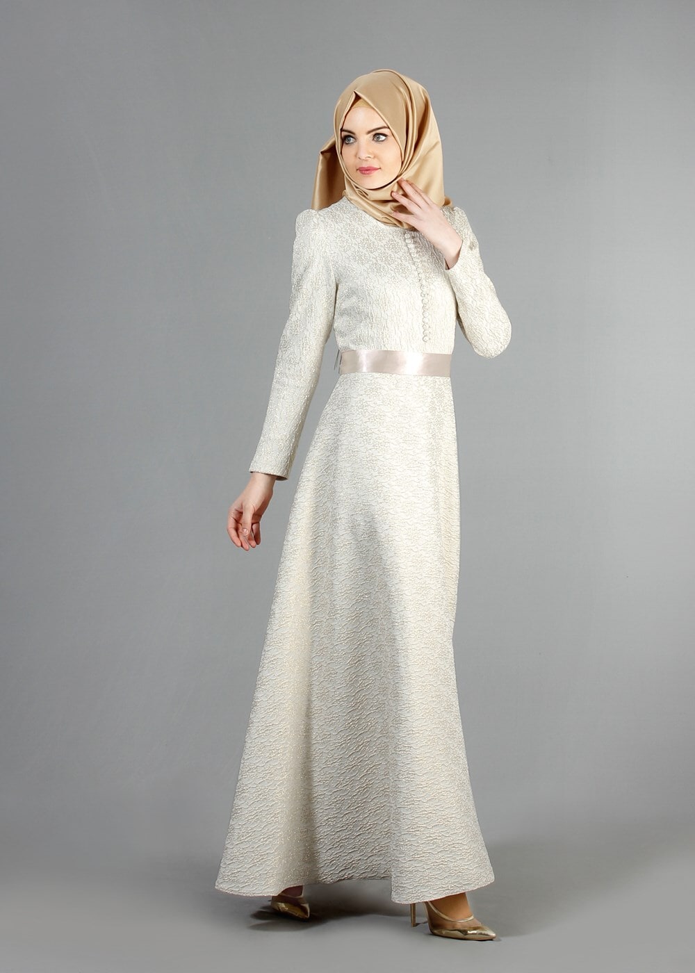 Tesettür giyim BEJ DÜĞMELİ BELİ KUŞAKLI ABİYE ELBİSE 2141 