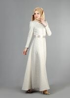 Tesettür giyim BEJ DÜĞMELİ BELİ KUŞAKLI ABİYE ELBİSE 2141 