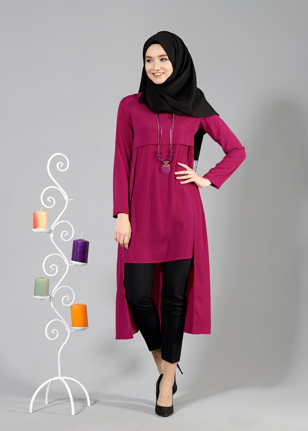 Vêtements hijab FUCHSIA T 2207 Tuay Kuyruklu Kolyeli Tunik