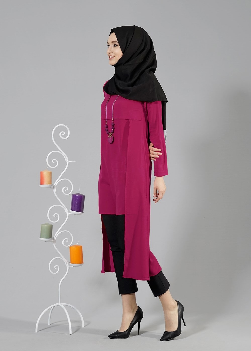 Vêtements hijab FUCHSIA T 2207 Tuay Kuyruklu Kolyeli Tunik