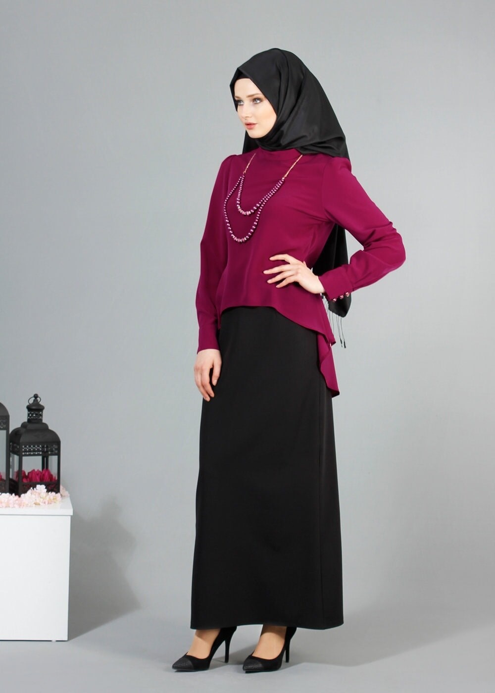 Hijab clothing PURPLE T 7043 Tuay İnci Kolyeli Bluz