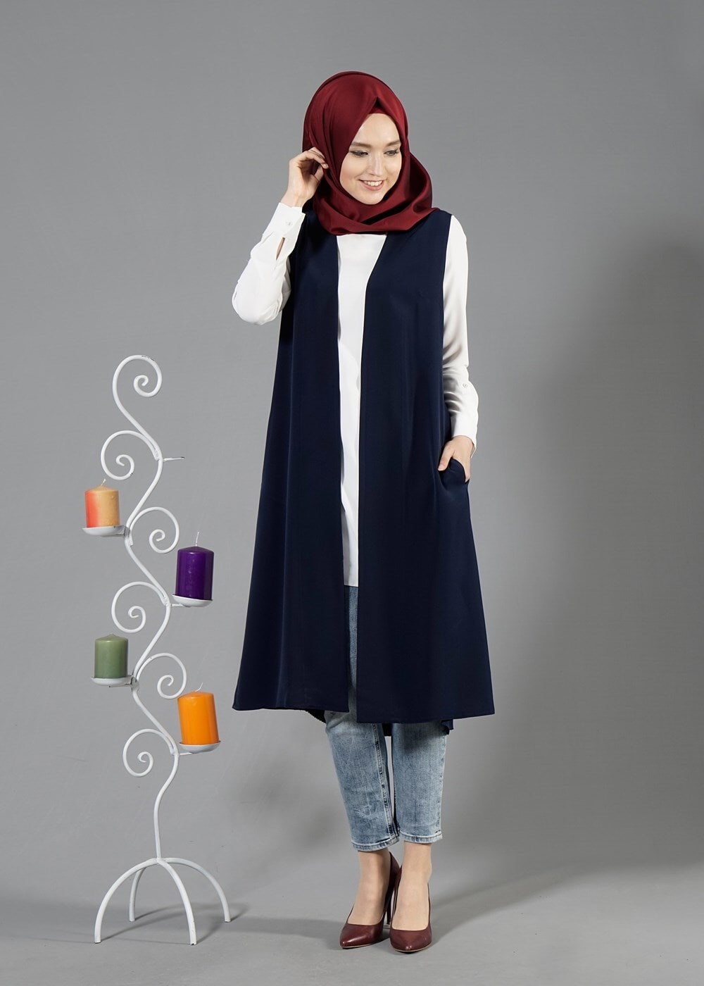 Hijab clothing NAVY BLUE T 7109 Tuay Piliseli Cepli Yelek