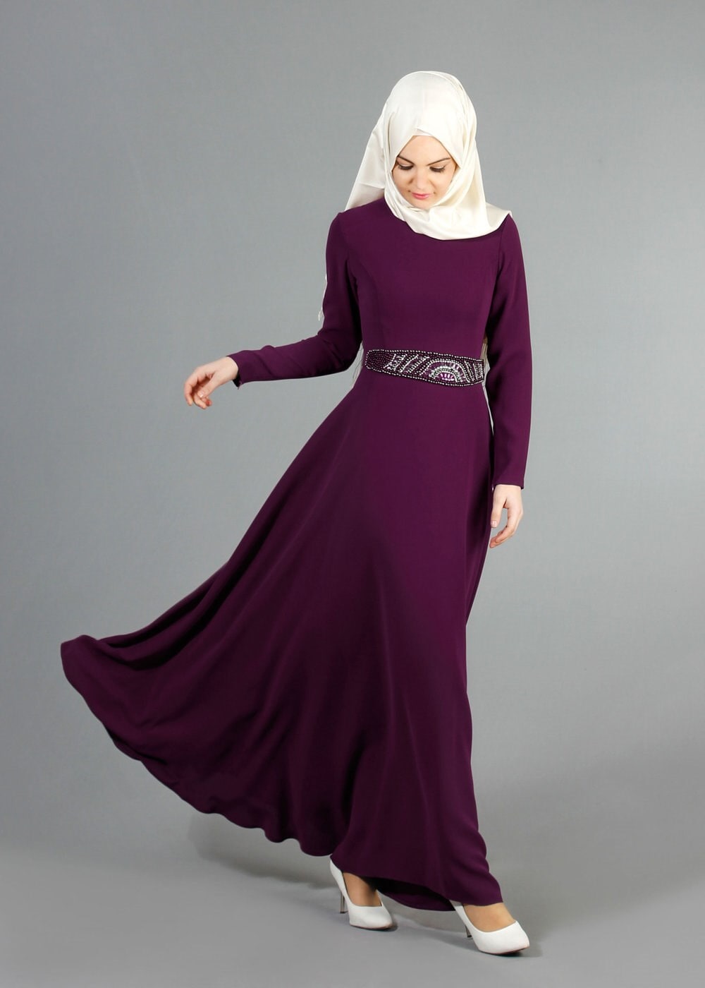 Tesettür giyim MÜRDÜM KUŞAĞI BONCUK İŞLEMELİ ABİYE ELBİSE 1788-1 