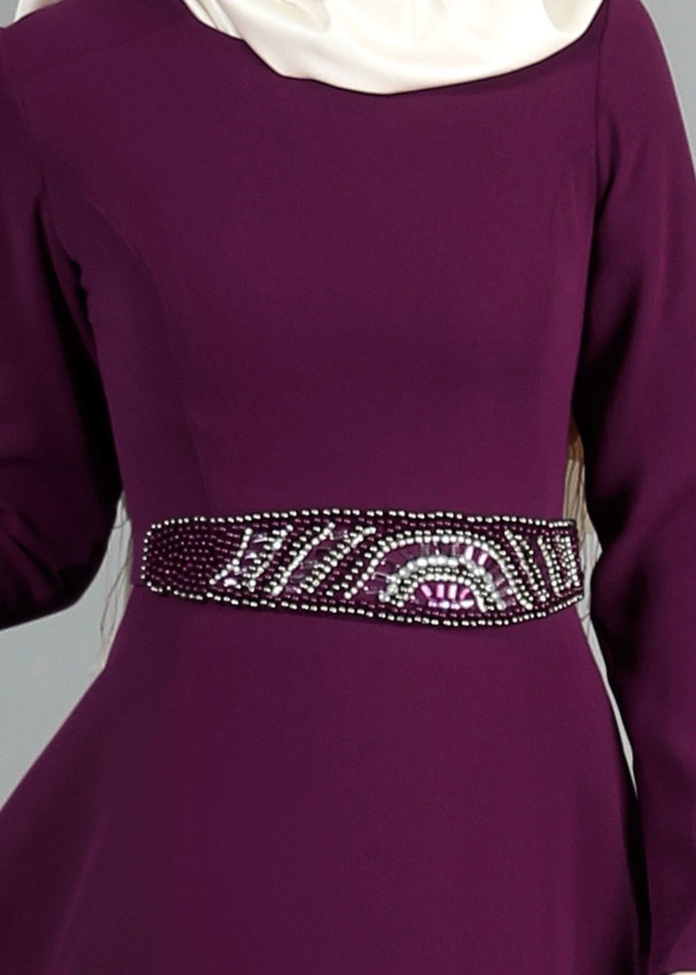 Tesettür giyim MÜRDÜM KUŞAĞI BONCUK İŞLEMELİ ABİYE ELBİSE 1788-1 