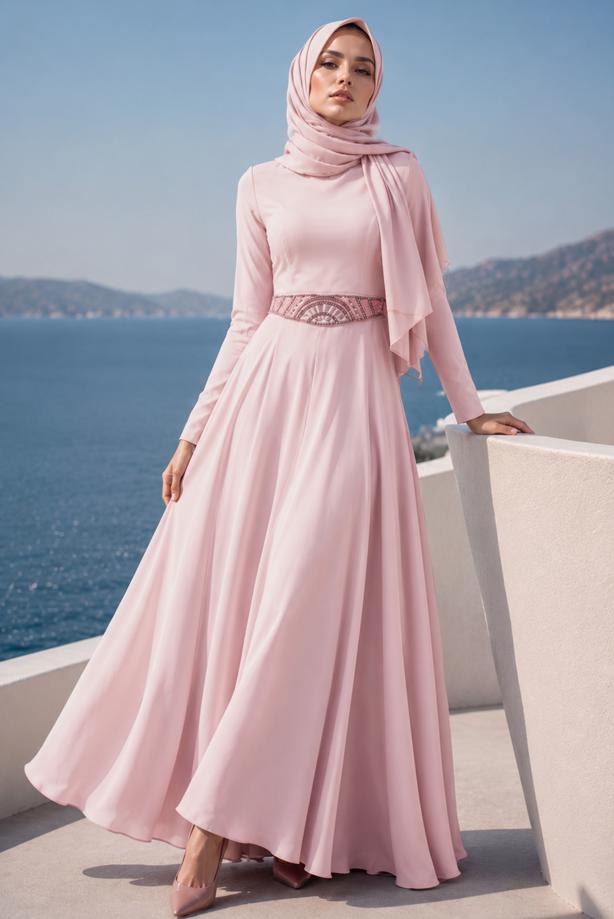 Tesettür giyim  KUŞAĞI BONCUK İŞLEMELİ ABİYE ELBİSE T 1788-1 - TRENDTESETTÜR