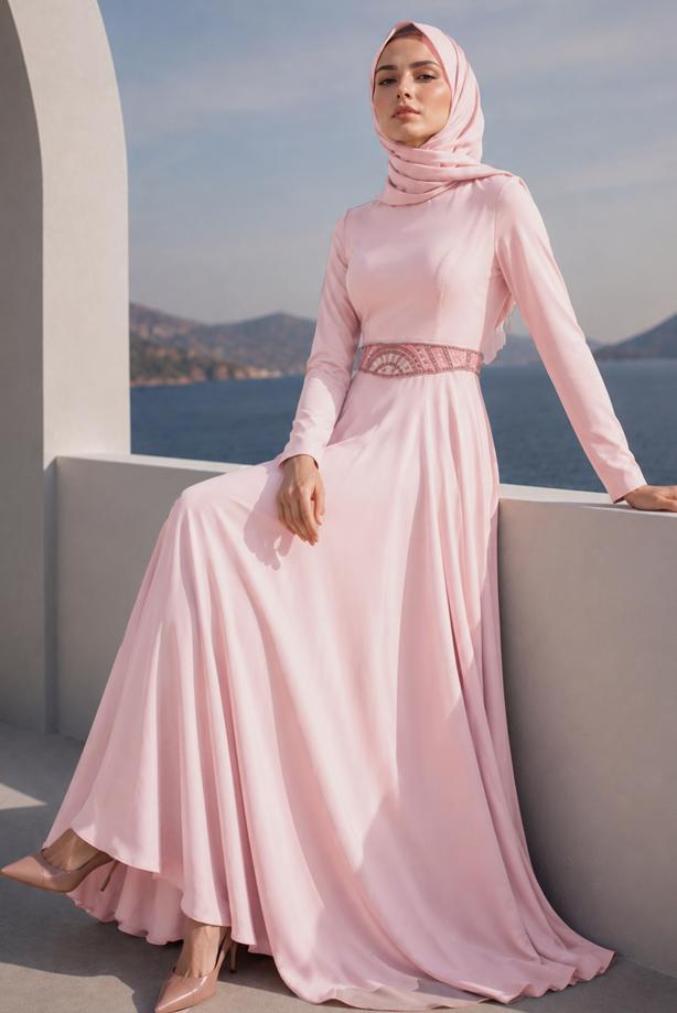 Tesettür giyim  KUŞAĞI BONCUK İŞLEMELİ ABİYE ELBİSE T 1788-1 - TRENDTESETTÜR