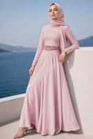 Hijab-Kleidung PULVER ABENDKLEID MIT GÜRTEL T 1788-1