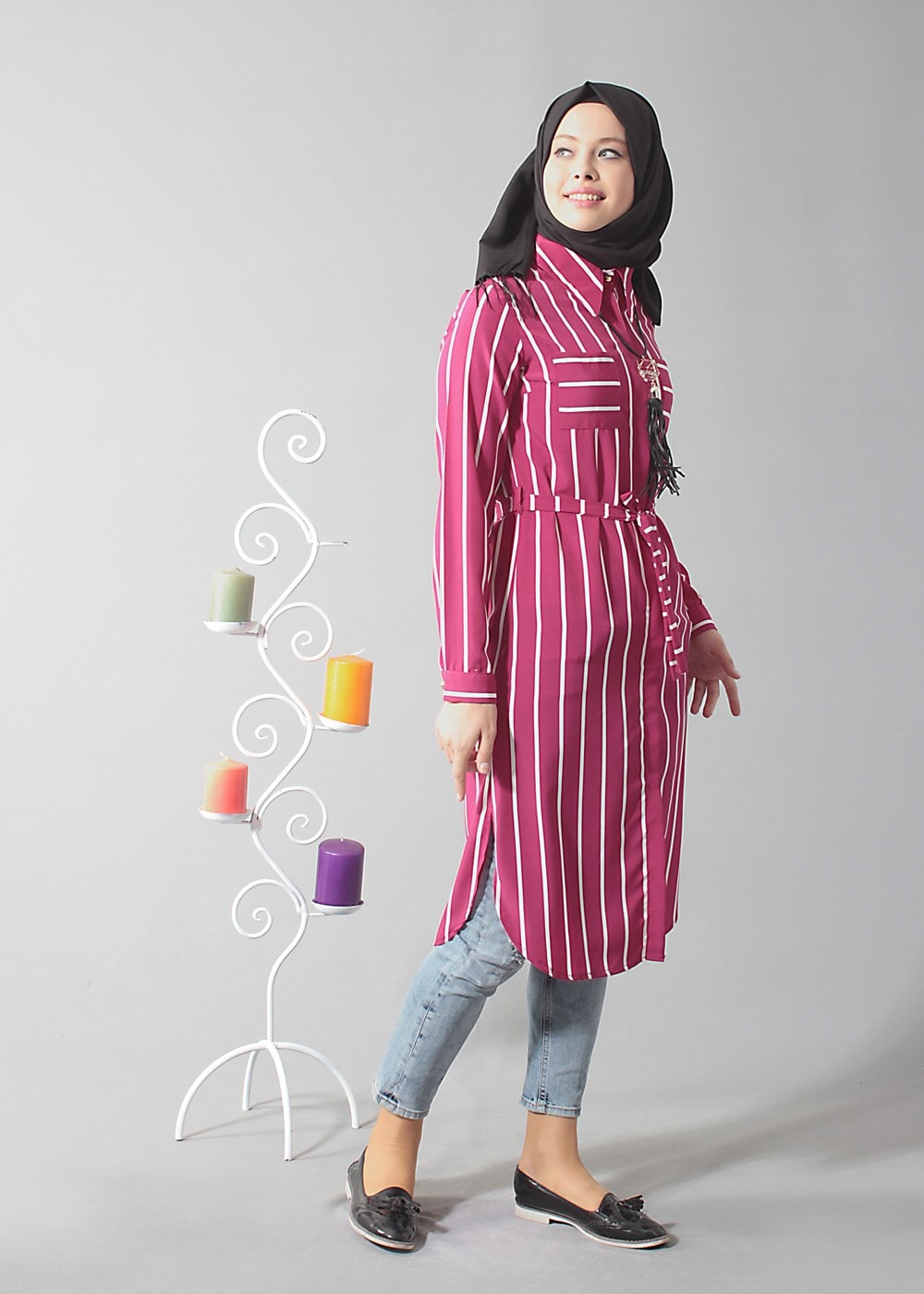 Vêtements hijab FUCHSIA T 0742 Gürbüz Gizli Düğmeli Aksesuarlı Tunik