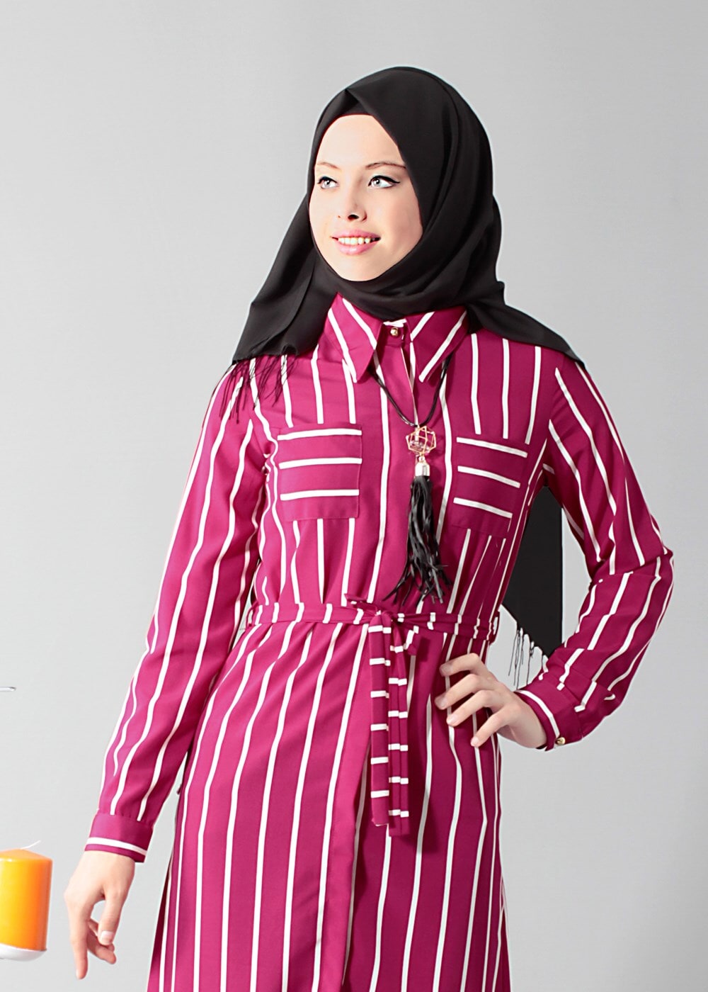 Vêtements hijab FUCHSIA T 0742 Gürbüz Gizli Düğmeli Aksesuarlı Tunik