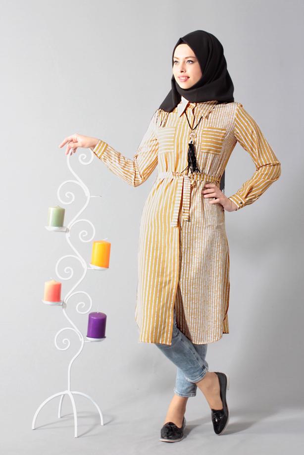 Vêtements hijab  T 0742-1 Gürbüz Gizli Düğmeli Aksesuarlı Tunik - TRENDTESETTÜR