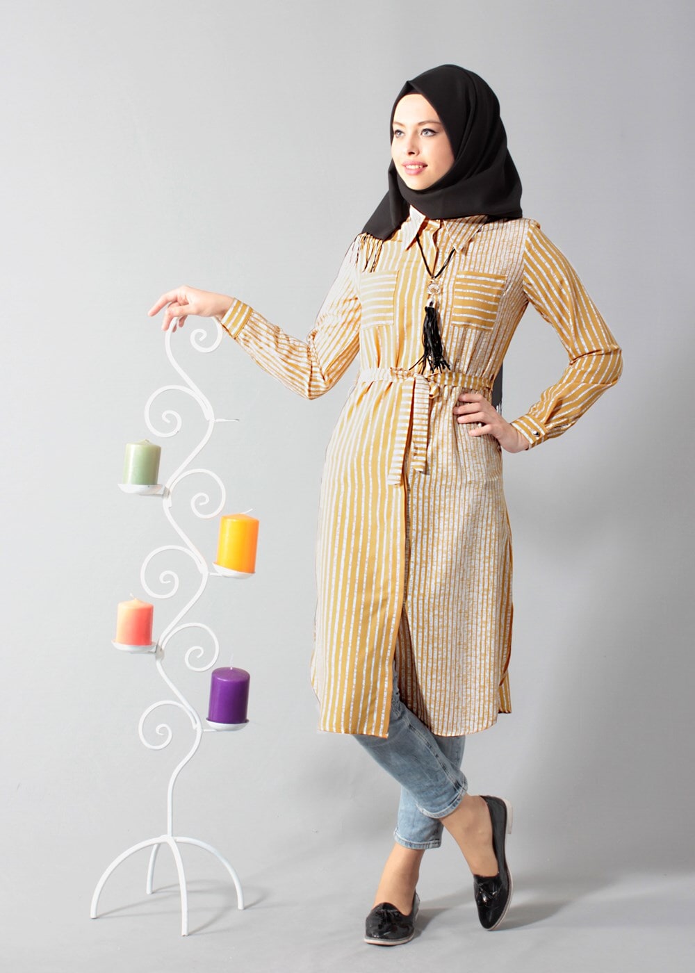 Vêtements hijab JAUNE T 0742-1 Gürbüz Gizli Düğmeli Aksesuarlı Tunik