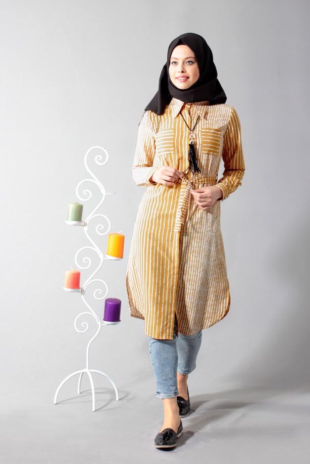 Vêtements hijab  T 0742-1 Gürbüz Gizli Düğmeli Aksesuarlı Tunik - TRENDTESETTÜR