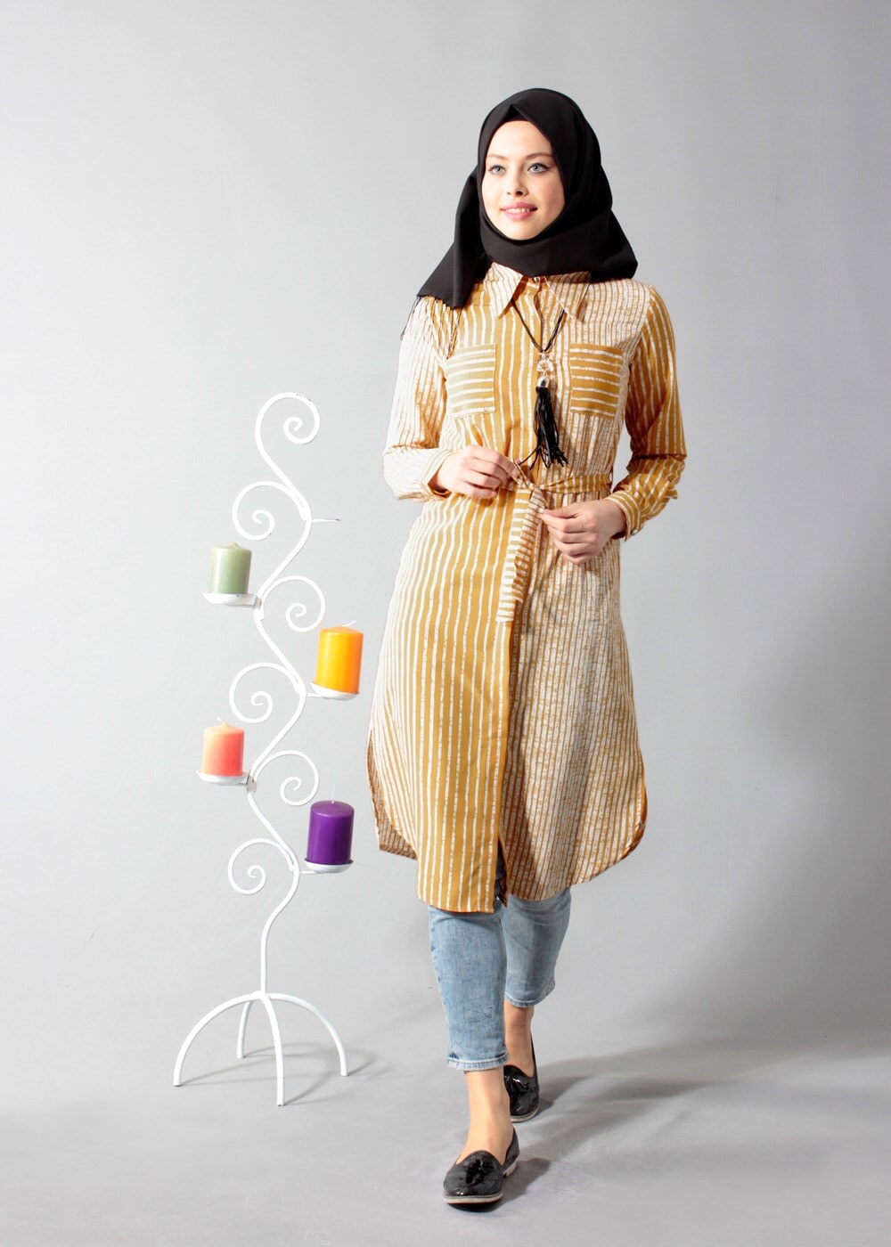 Vêtements hijab JAUNE T 0742-1 Gürbüz Gizli Düğmeli Aksesuarlı Tunik