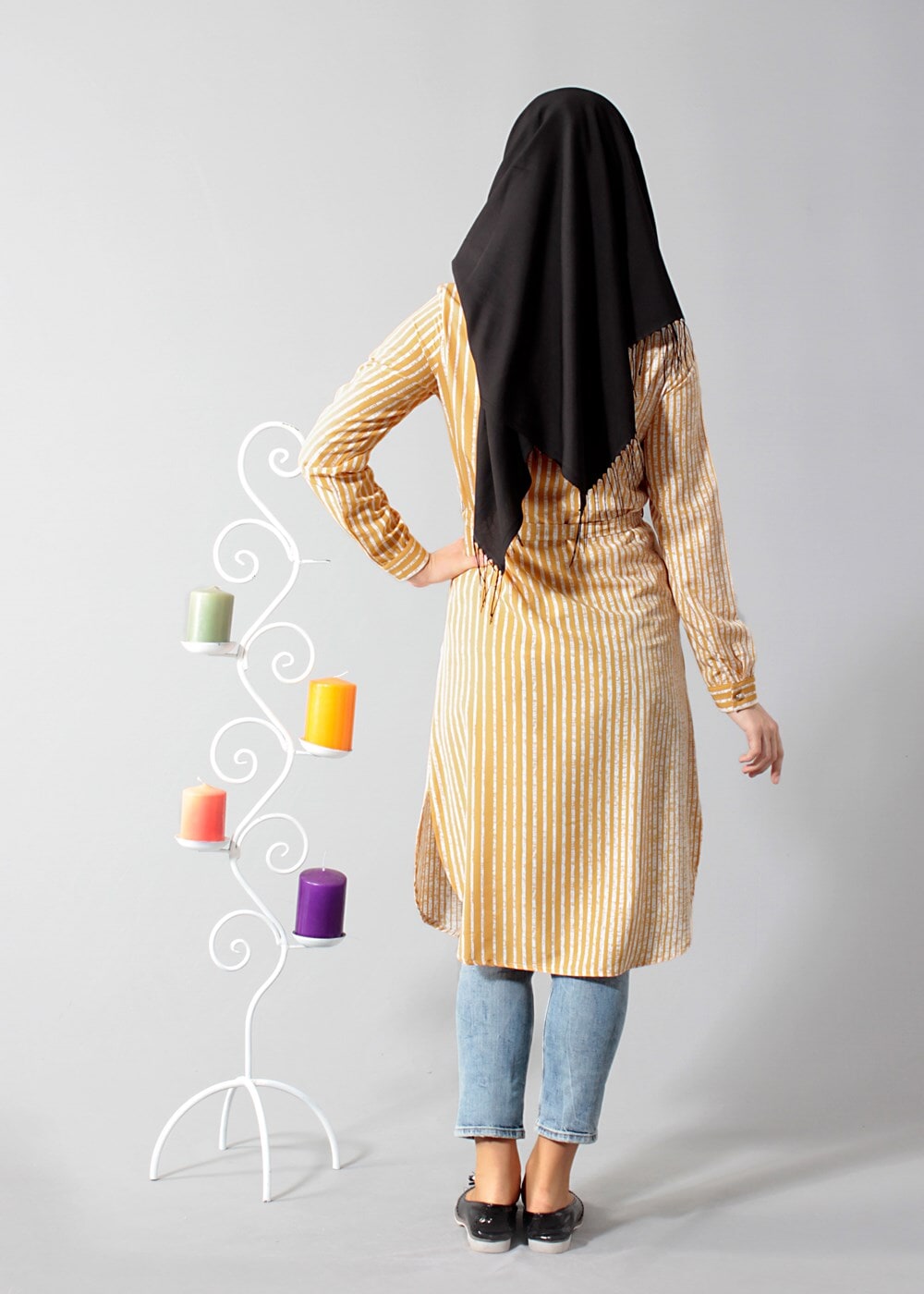 Vêtements hijab JAUNE T 0742-1 Gürbüz Gizli Düğmeli Aksesuarlı Tunik