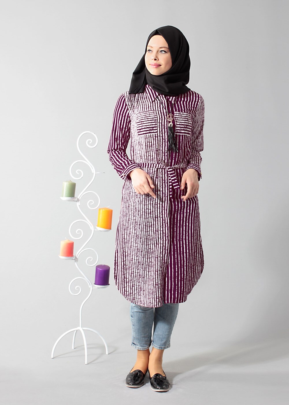 Vêtements hijab PRUNE T 0742-1 Gürbüz Gizli Düğmeli Aksesuarlı Tunik