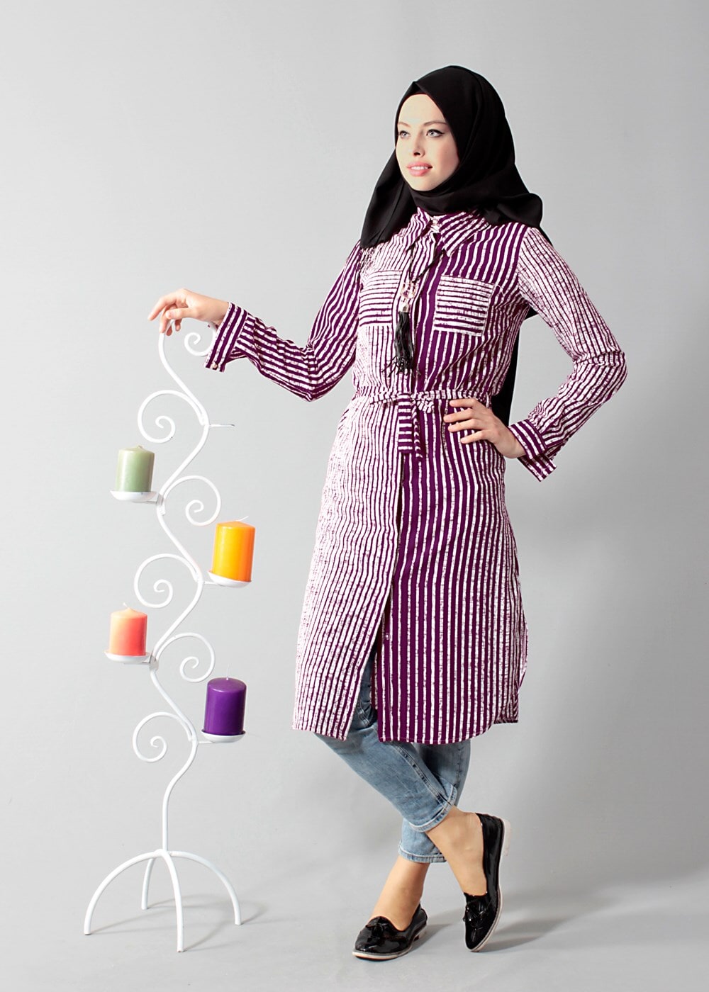 Vêtements hijab PRUNE T 0742-1 Gürbüz Gizli Düğmeli Aksesuarlı Tunik