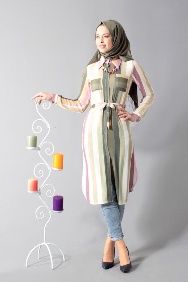Vêtements hijab  T 742-2 Gürbüz Çizgi Desenli Tunik - TRENDTESETTÜR