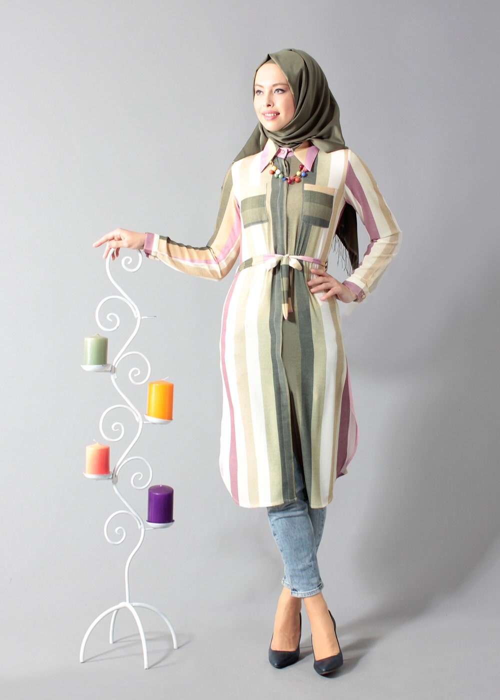 Vêtements hijab POURPRE T 742-2 Gürbüz Çizgi Desenli Tunik