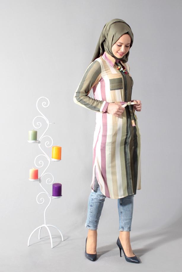 Vêtements hijab  T 742-2 Gürbüz Çizgi Desenli Tunik - TRENDTESETTÜR