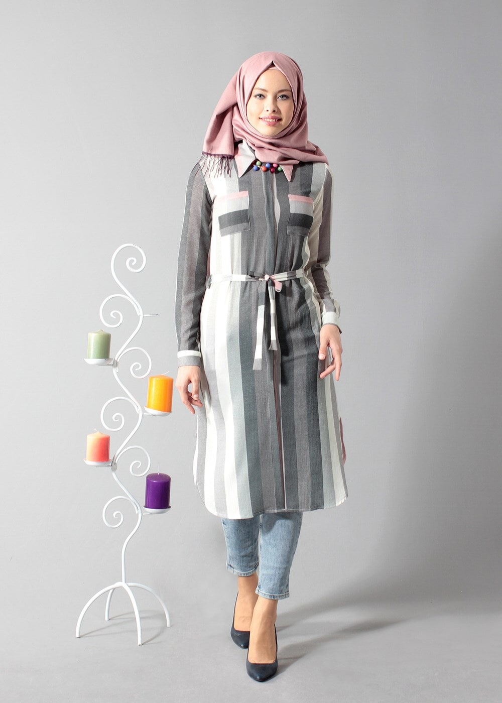Vêtements hijab POUDRE T 742-2 Gürbüz Çizgi Desenli Tunik