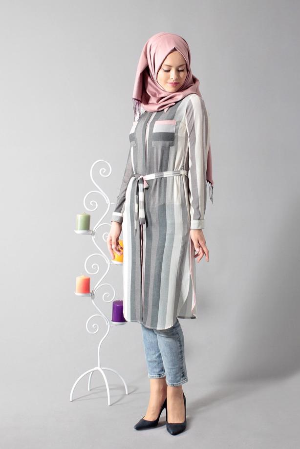 Vêtements hijab  T 742-2 Gürbüz Çizgi Desenli Tunik - TRENDTESETTÜR