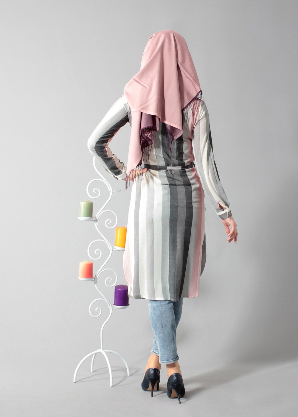 Vêtements hijab POUDRE T 742-2 Gürbüz Çizgi Desenli Tunik