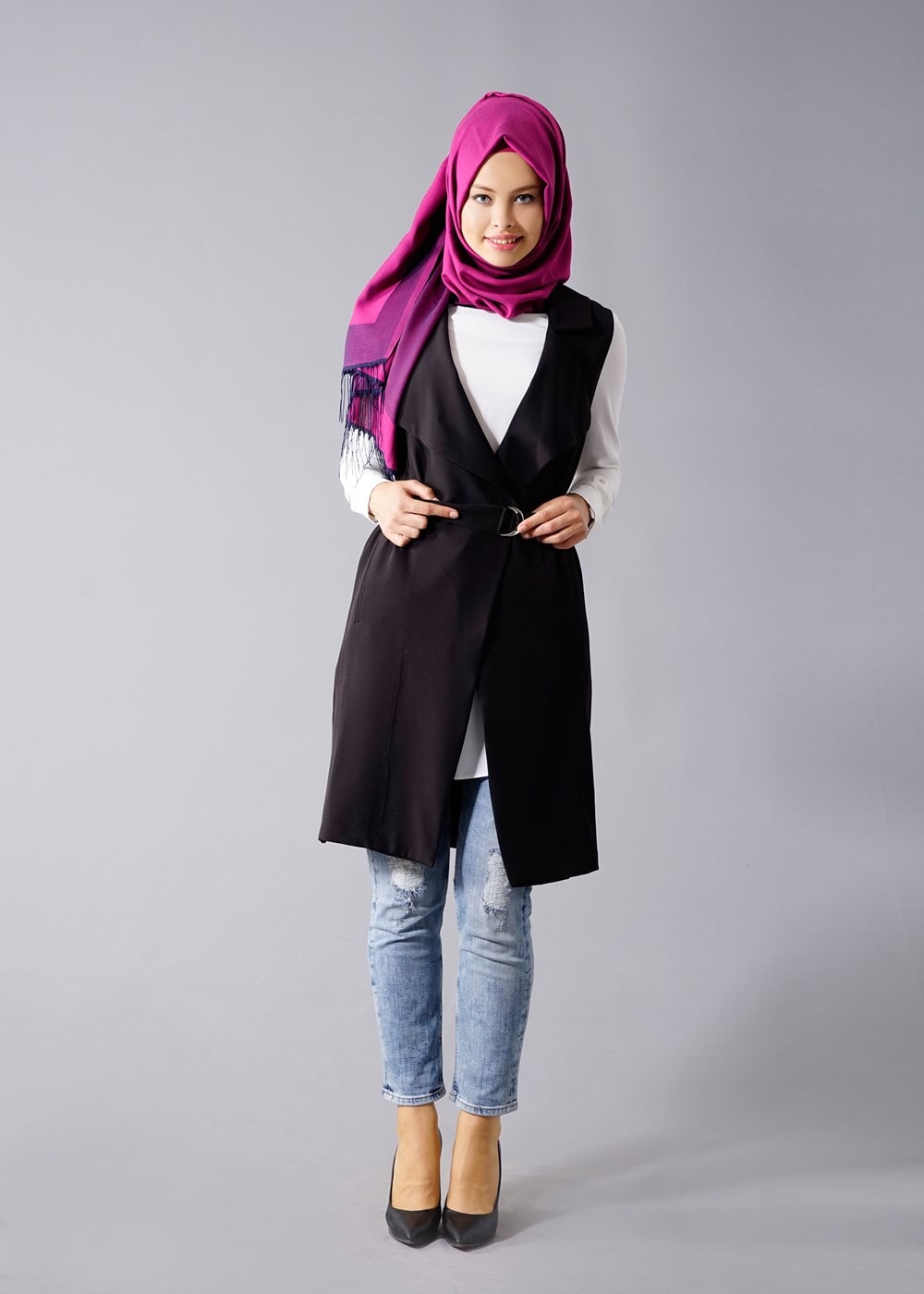 Hijab clothing BLACK T 978 Helly Bel Kuşaklı Tesettür Yelek