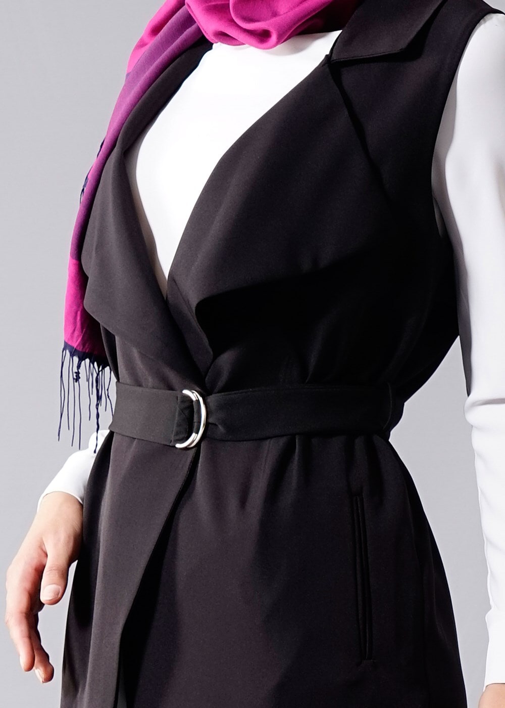 Hijab clothing BLACK T 978 Helly Bel Kuşaklı Tesettür Yelek