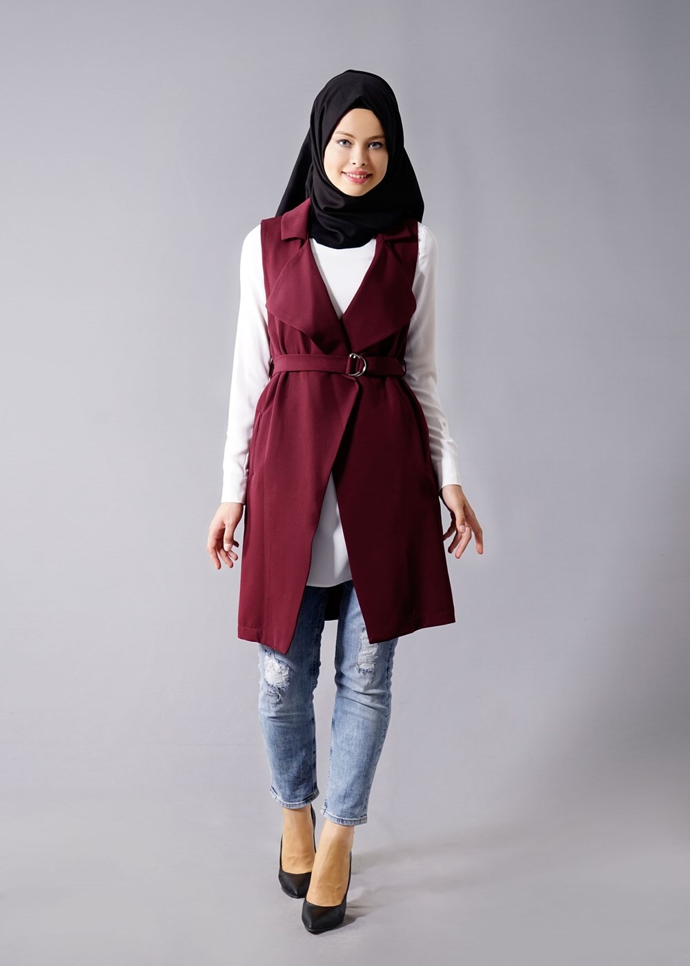Tesettür giyim BORDO T 978 Helly Bel Kuşaklı Tesettür Yelek