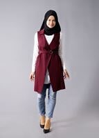 Tesettür giyim BORDO T 978 Helly Bel Kuşaklı Tesettür Yelek