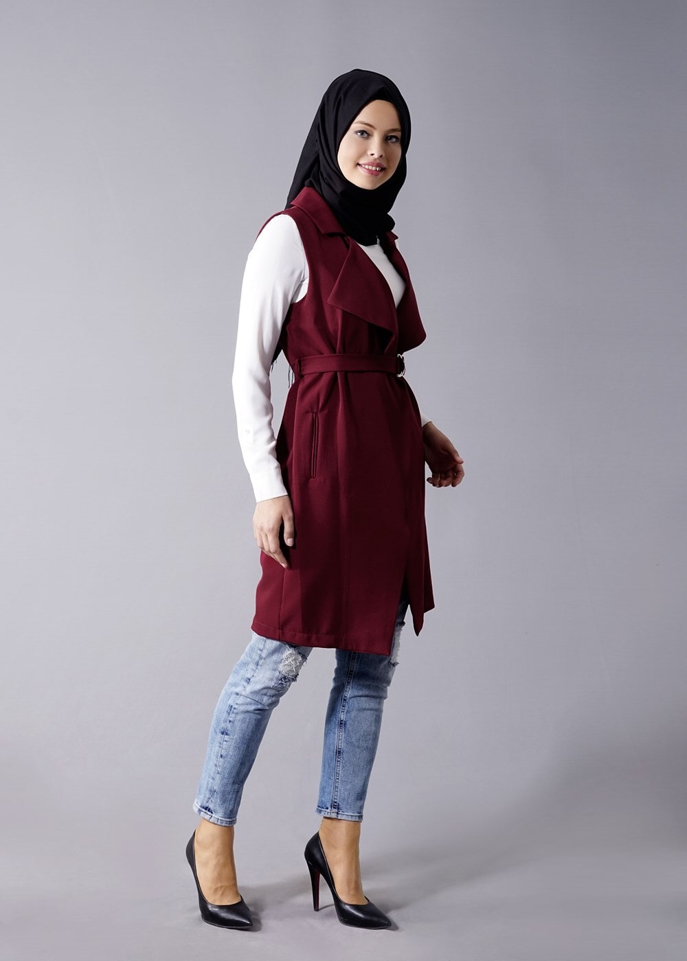 Vêtements hijab ROUGE BORDEAUX T 978 Helly Bel Kuşaklı Tesettür Yelek