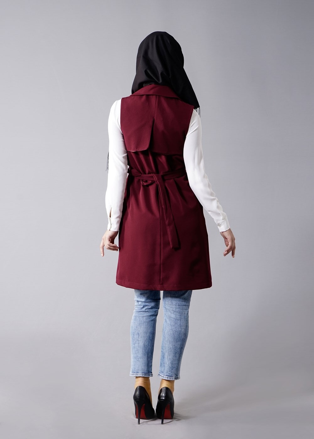 Tesettür giyim BORDO T 978 Helly Bel Kuşaklı Tesettür Yelek