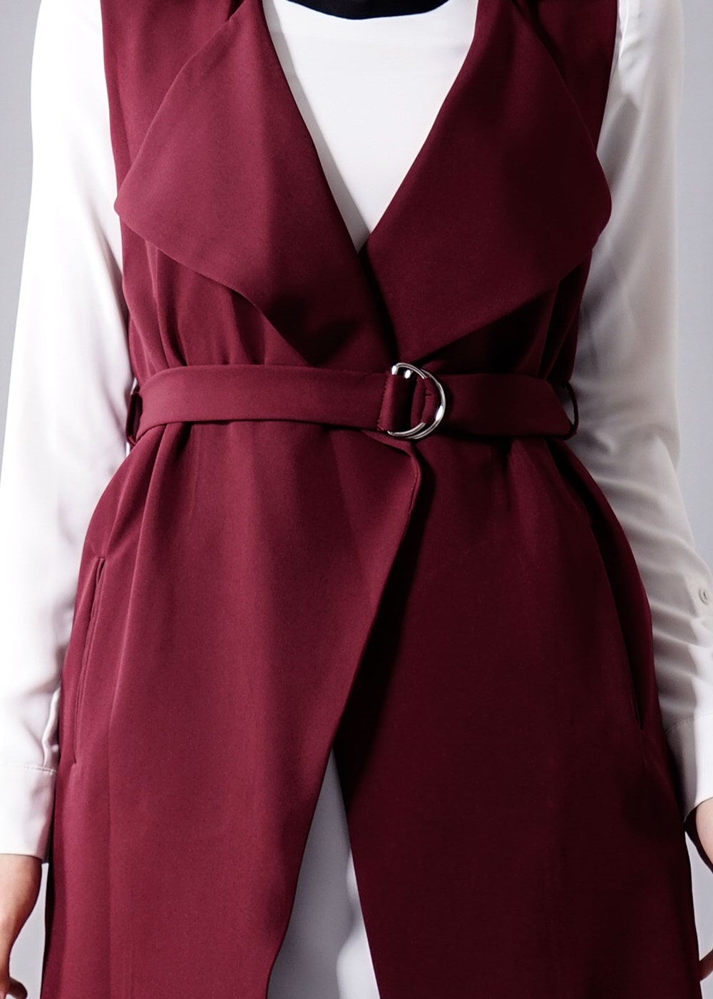 Vêtements hijab ROUGE BORDEAUX T 978 Helly Bel Kuşaklı Tesettür Yelek