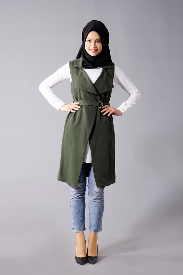 Tesettür giyim  T 978 Helly Bel Kuşaklı Tesettür Yelek - TRENDTESETTÜR