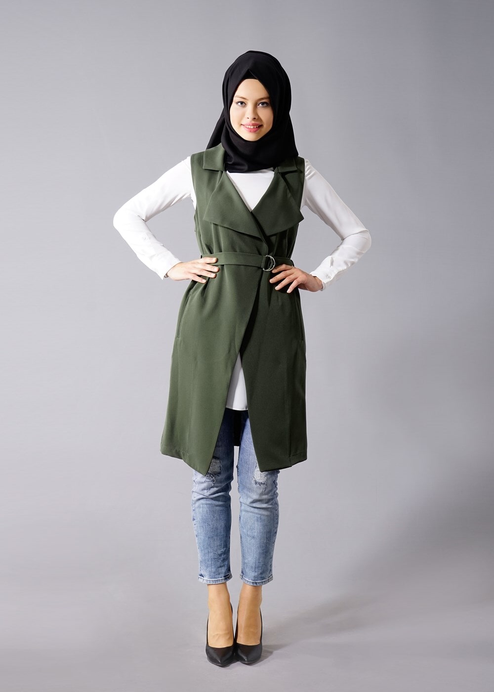 Vêtements hijab KAKI T 978 Helly Bel Kuşaklı Tesettür Yelek